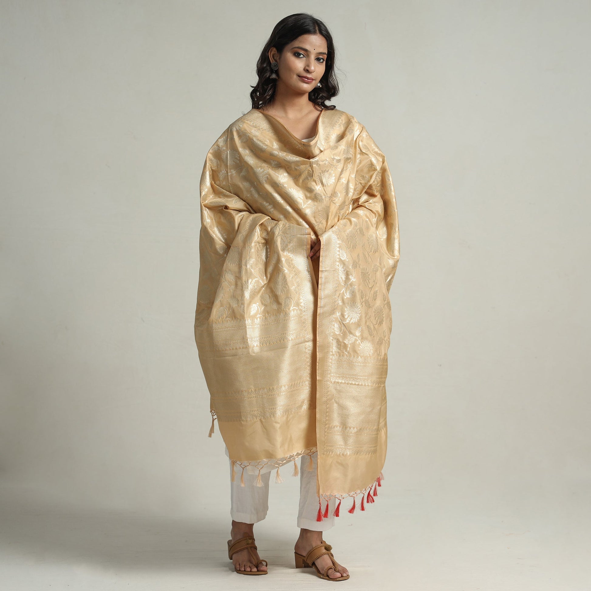 Beige - Semi Silk Zari Jaal Banarasi Dupatta 51