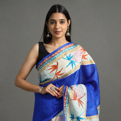 Blue - Bengal Kantha Hand Embroidery Block Printed Tussar Silk Handloom Saree