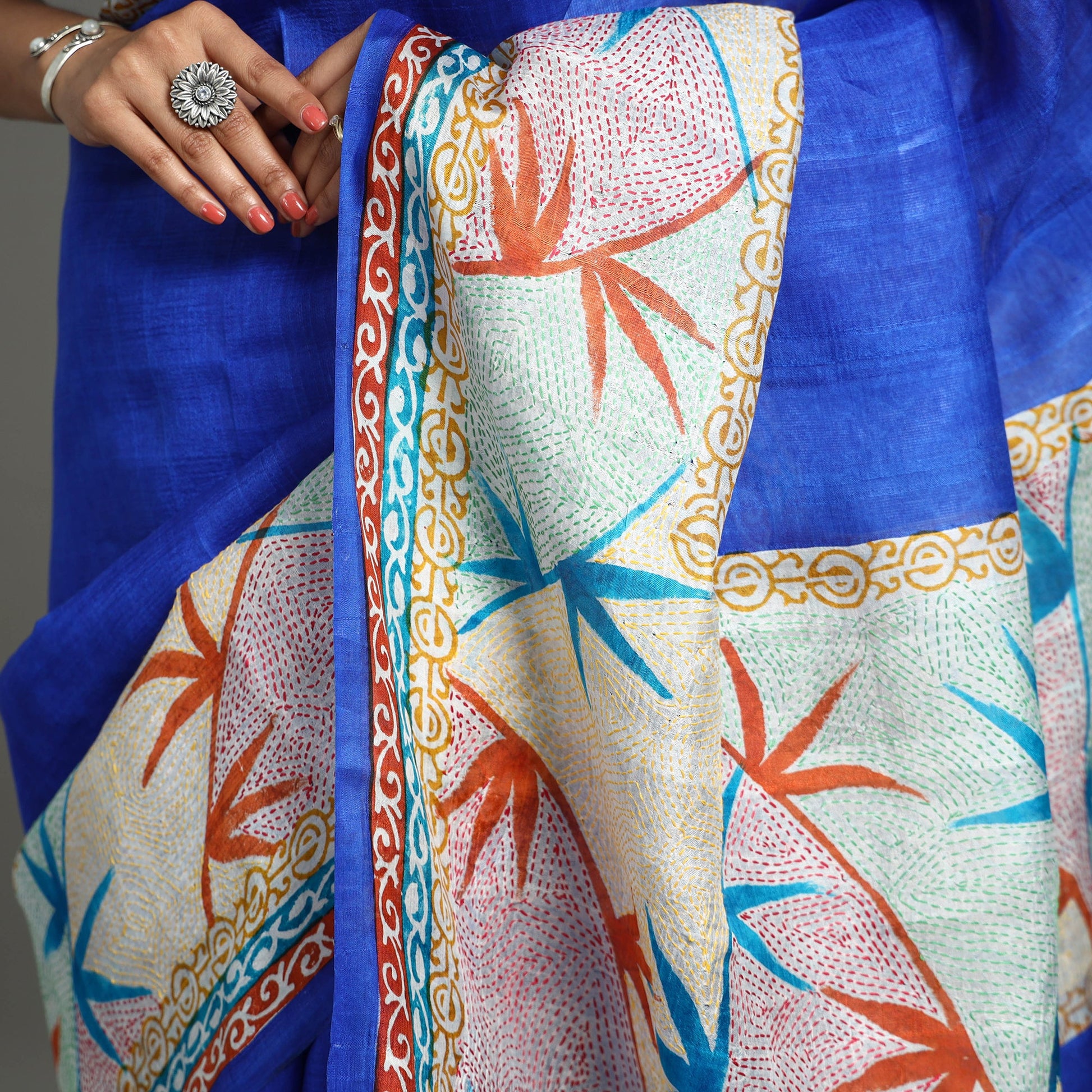 Blue - Bengal Kantha Hand Embroidery Block Printed Tussar Silk Handloom Saree