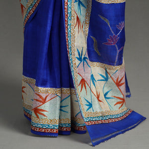 Blue - Bengal Kantha Hand Embroidery Block Printed Tussar Silk Handloom Saree