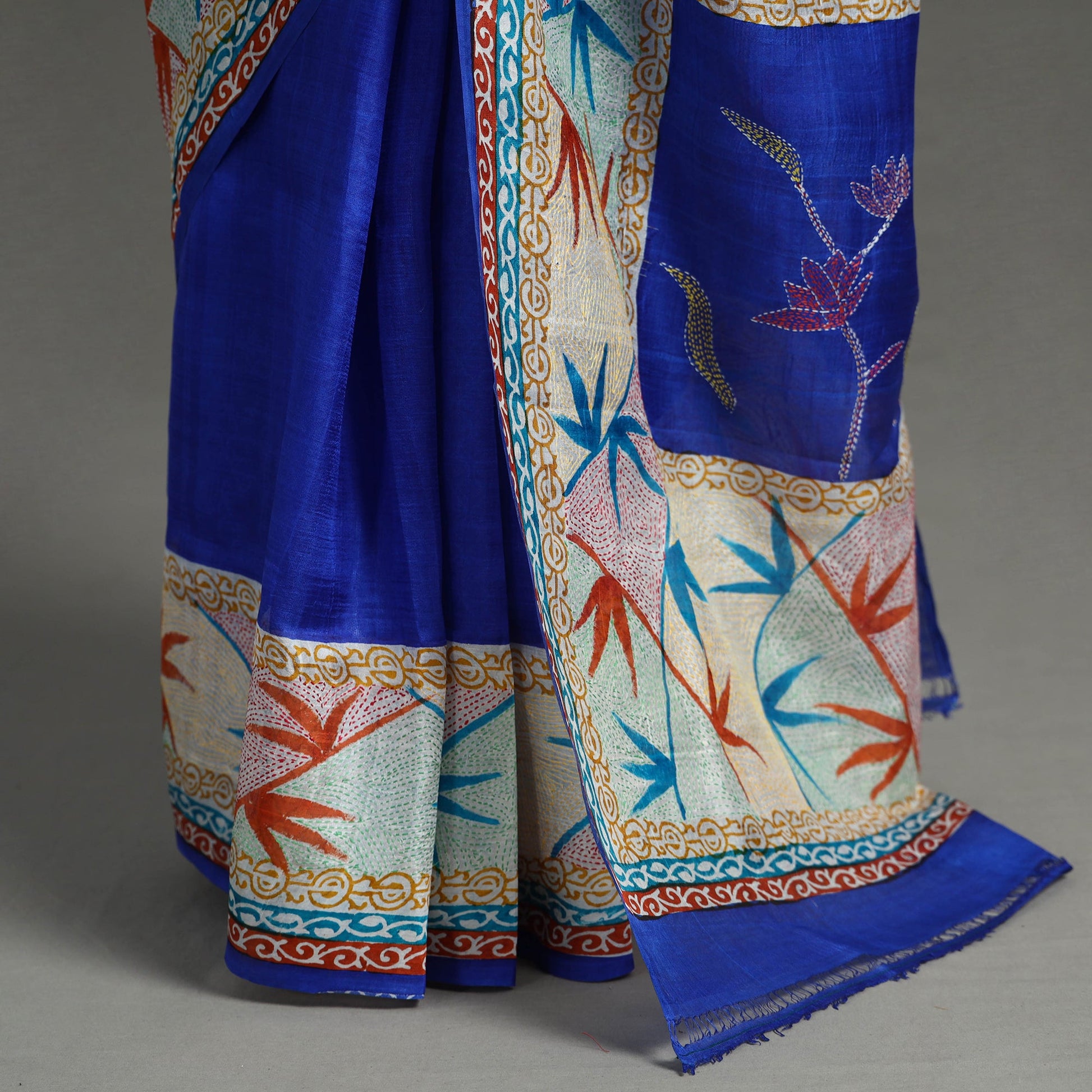 Blue - Bengal Kantha Hand Embroidery Block Printed Tussar Silk Handloom Saree