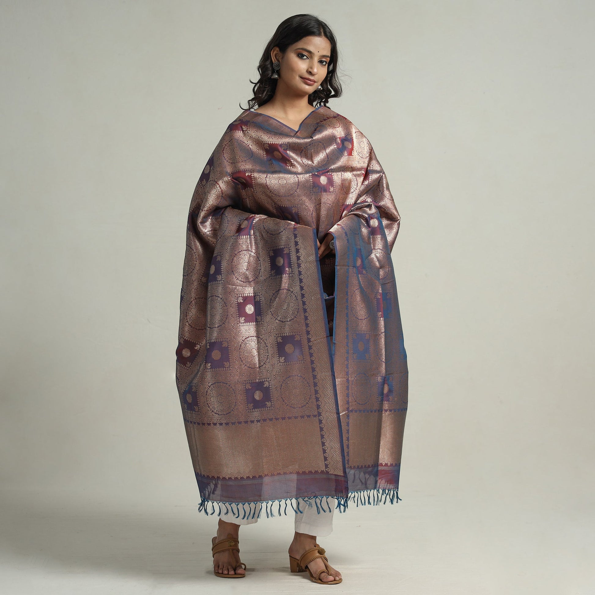 Brown - Banarasi Handloom Katan Silk Zari Buti Dupatta with Tassels 58