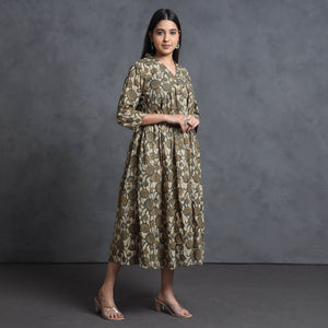 Brown - Hand Batik Printed Cotton Flared Gher Dress