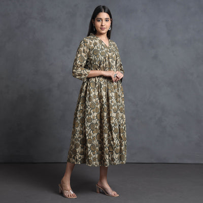 Brown - Hand Batik Printed Cotton Flared Gher Dress