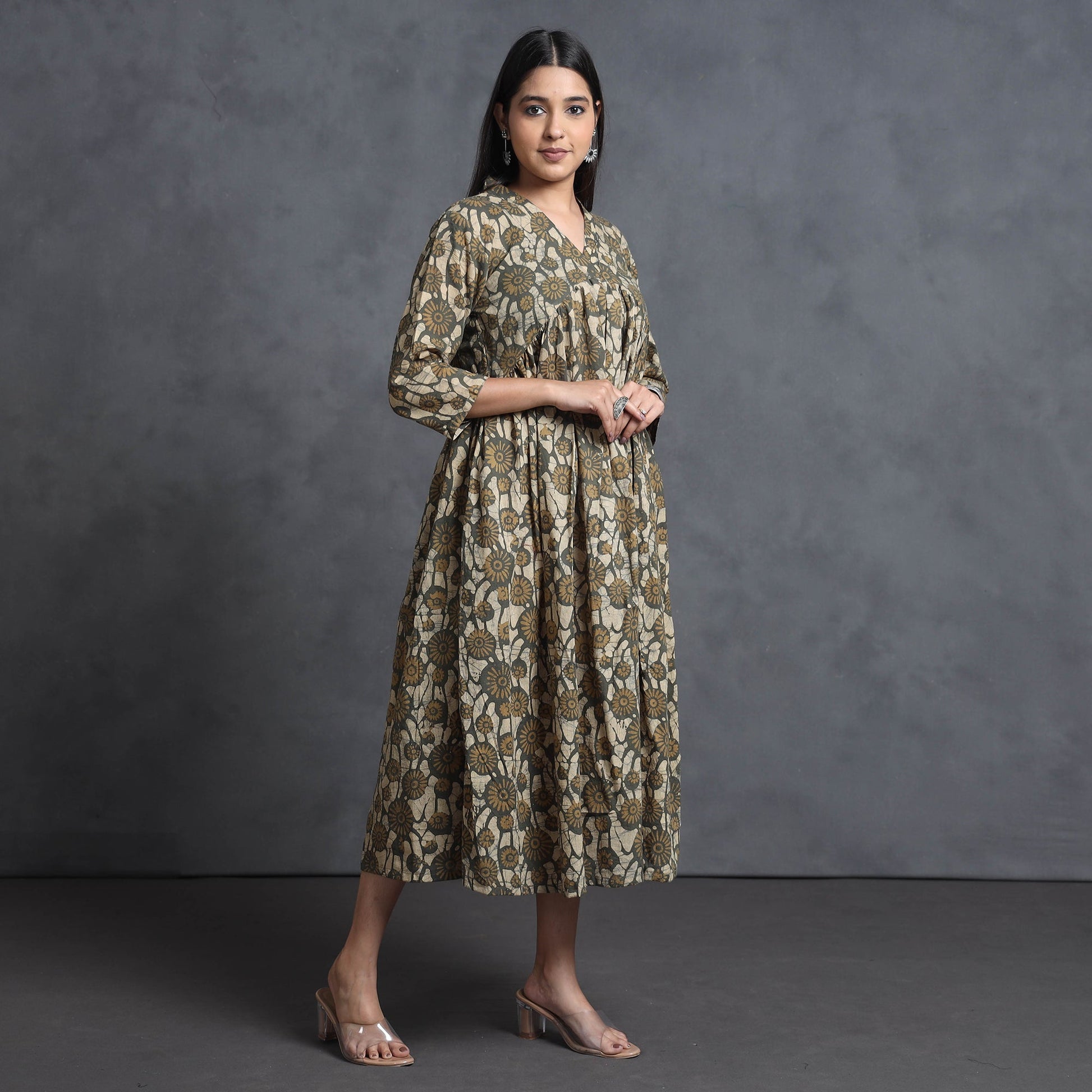 Brown - Hand Batik Printed Cotton Flared Gher Dress