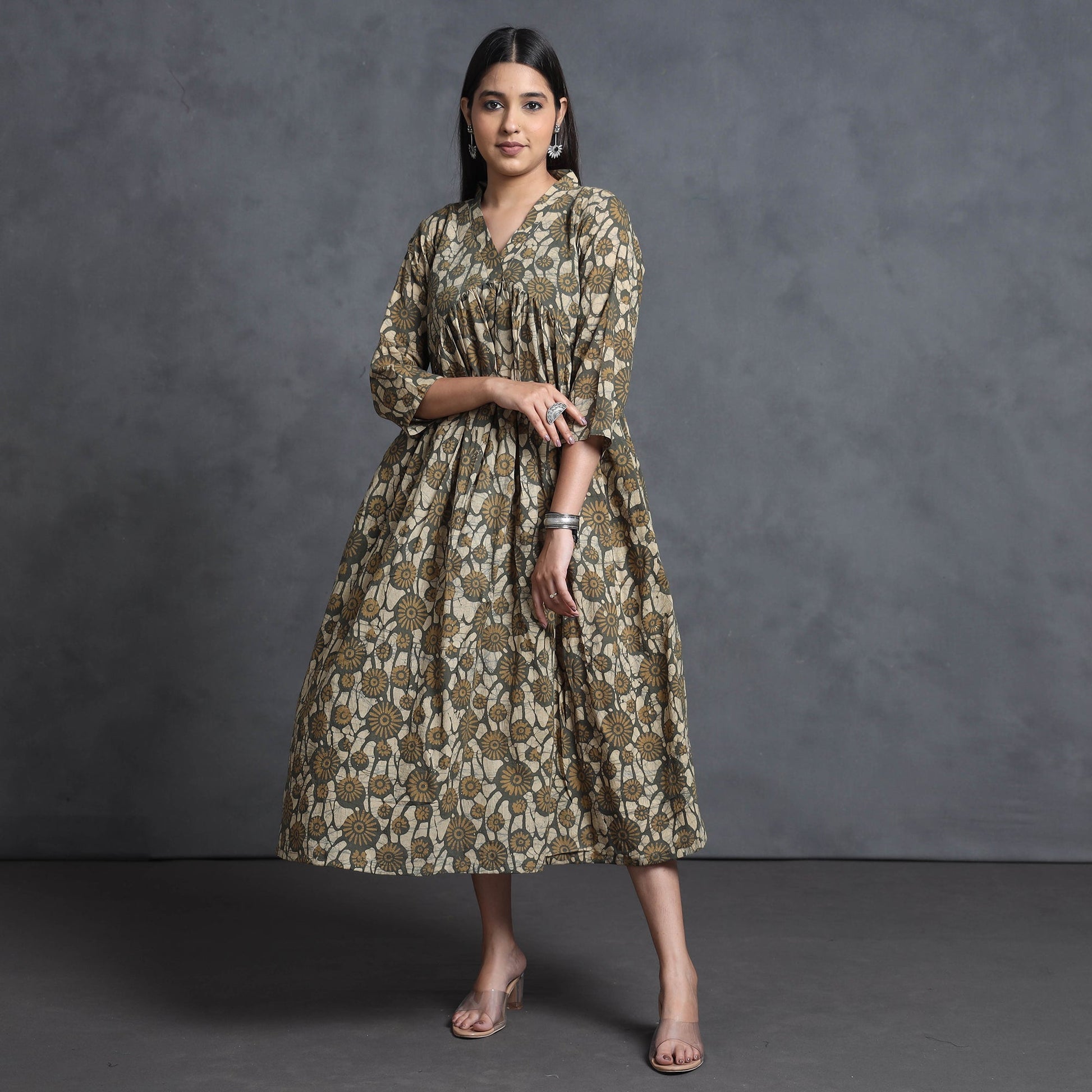 Brown - Hand Batik Printed Cotton Flared Gher Dress