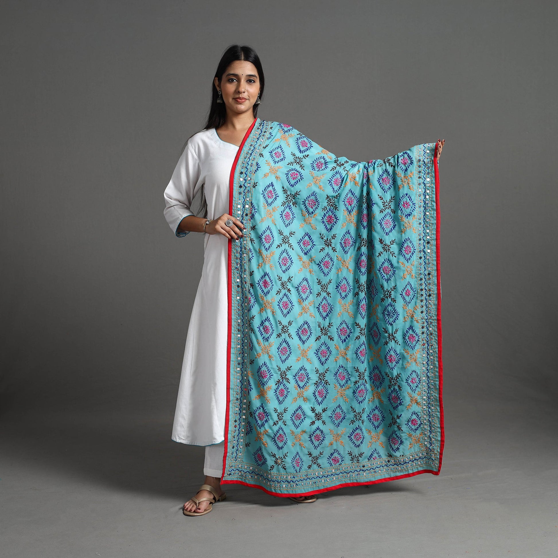 Blue - Georgette Chapawork Embroidery Phulkari Dupatta 165