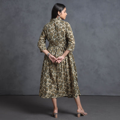 Brown - Hand Batik Printed Cotton Flared Gher Dress