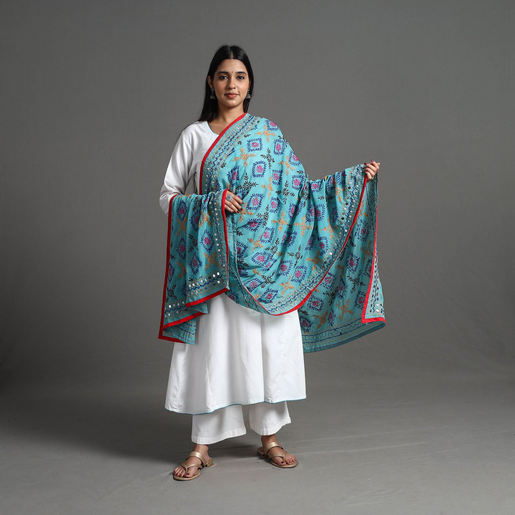 Blue - Georgette Chapawork Embroidery Phulkari Dupatta 165