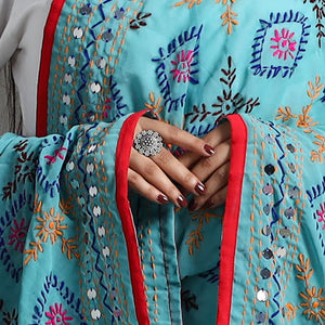 Blue - Georgette Chapawork Embroidery Phulkari Dupatta 165