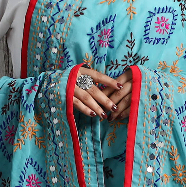 Blue - Georgette Chapawork Embroidery Phulkari Dupatta 165
