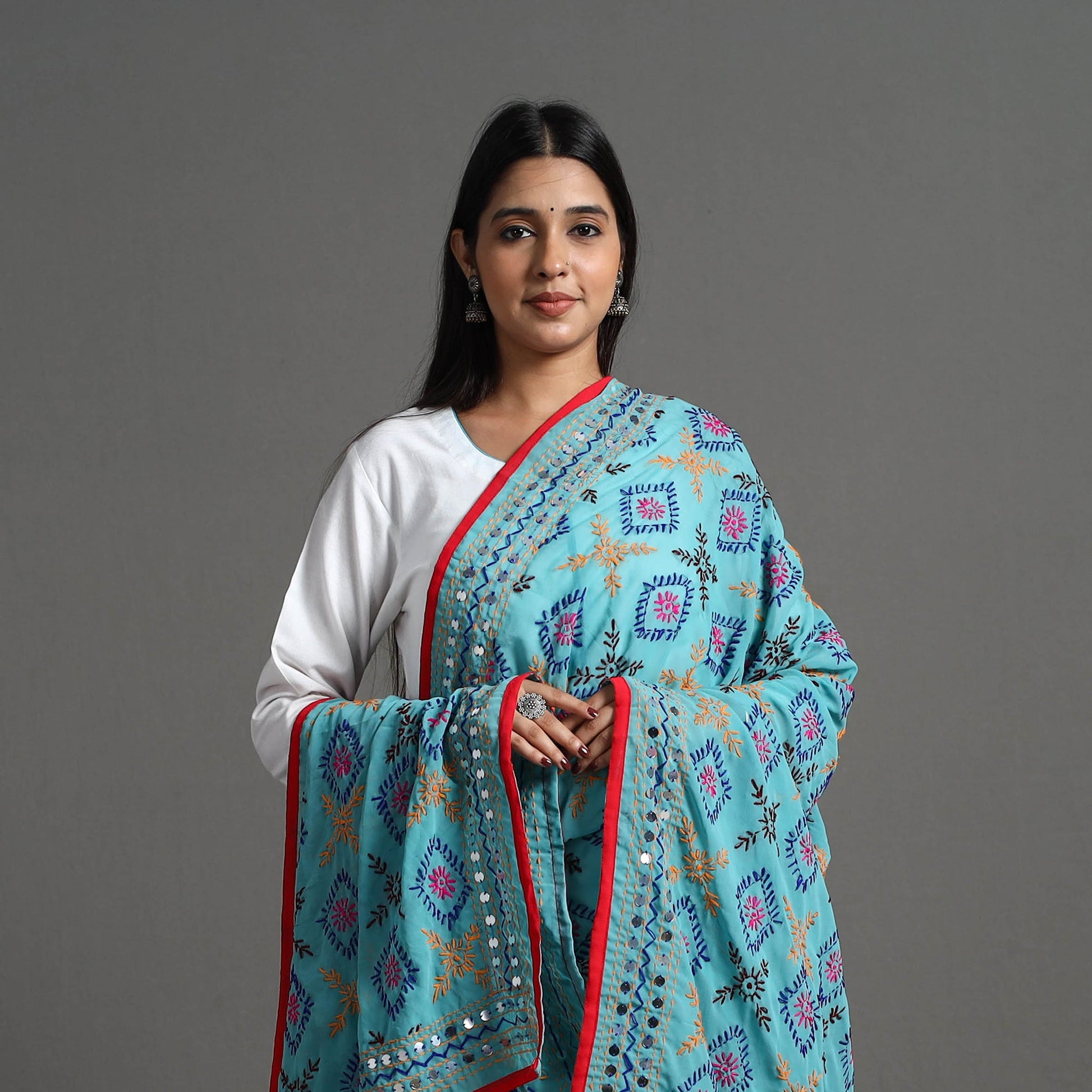 Blue - Georgette Chapawork Embroidery Phulkari Dupatta 165