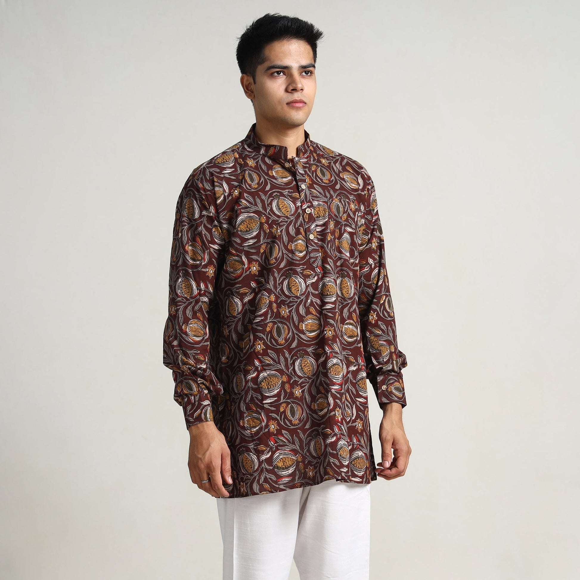 Brown - Bagru Block Printed Cotton Men Short Kurta 07