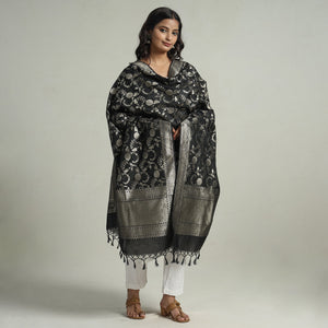 Black - Banarasi Semi Silk Zari Jaal Dupatta with Tassels 71