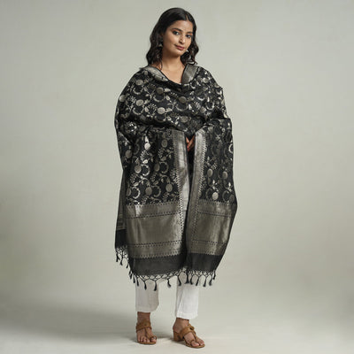 Black - Banarasi Semi Silk Zari Jaal Dupatta with Tassels 71