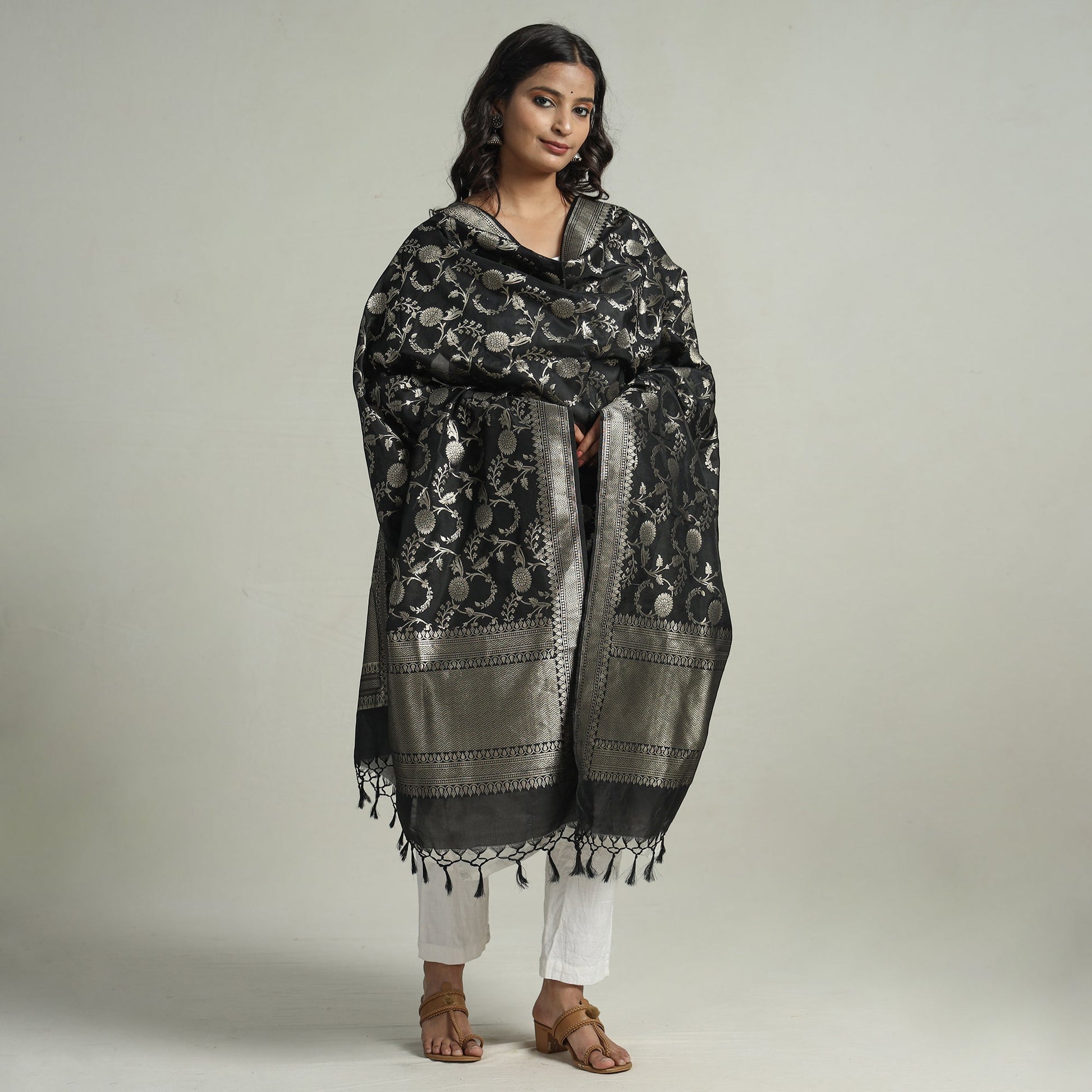 Black - Banarasi Semi Silk Zari Jaal Dupatta with Tassels 71