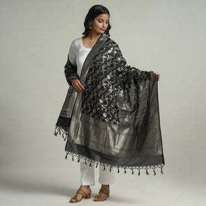 Black - Banarasi Semi Silk Zari Jaal Dupatta with Tassels 71