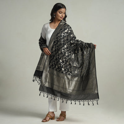 Black - Banarasi Semi Silk Zari Jaal Dupatta with Tassels 71