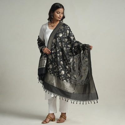 Black - Banarasi Semi Silk Zari Jaal Dupatta with Tassels 74