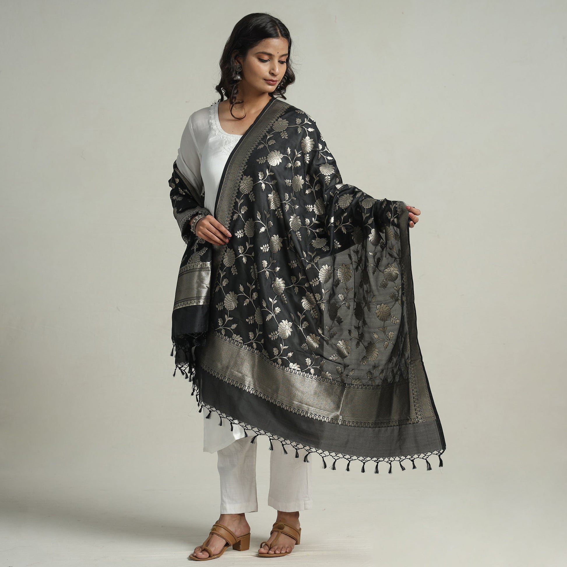Black - Banarasi Semi Silk Zari Jaal Dupatta with Tassels 74