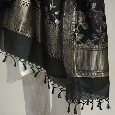Black - Banarasi Semi Silk Zari Jaal Dupatta with Tassels 74