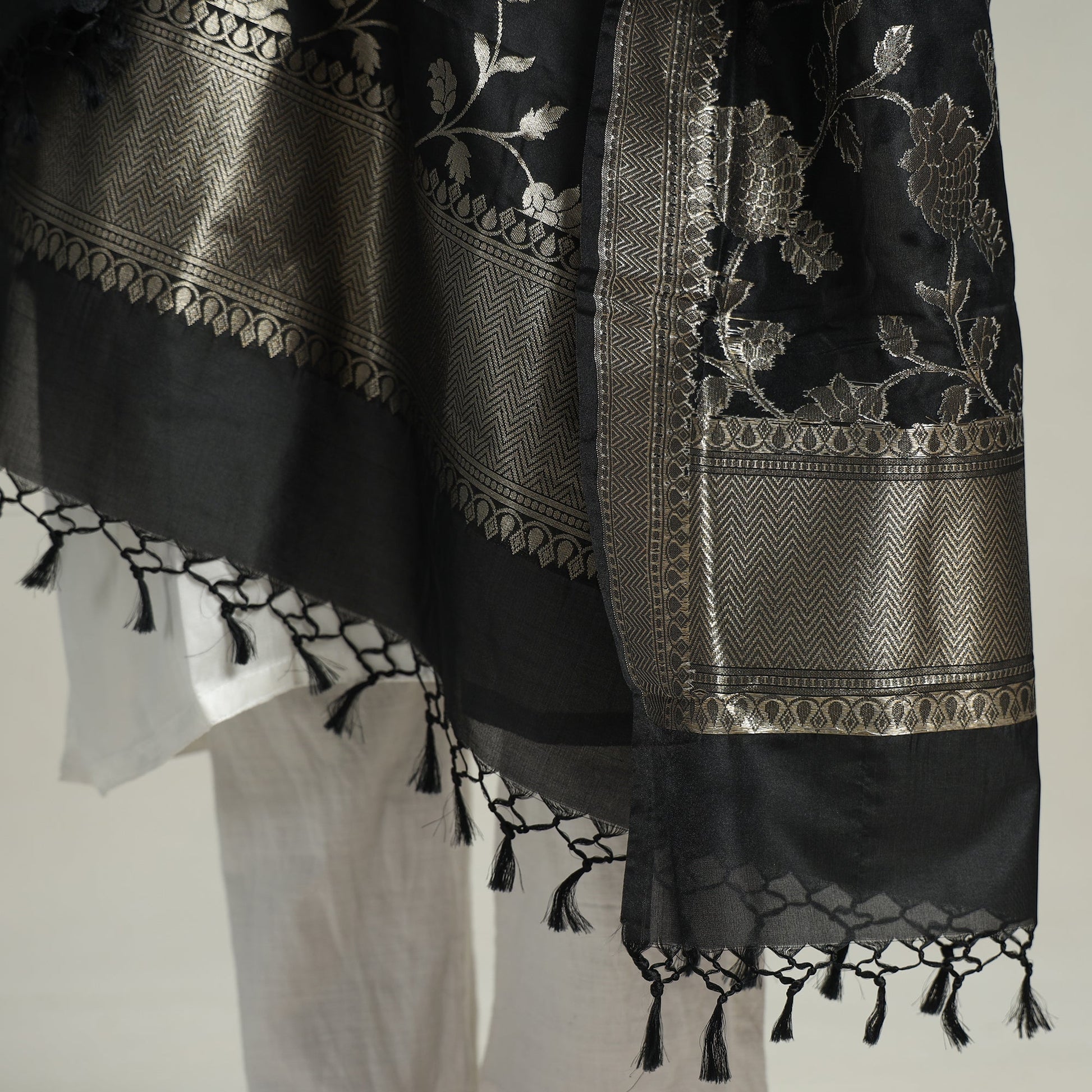 Black - Banarasi Semi Silk Zari Jaal Dupatta with Tassels 74