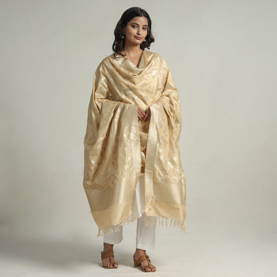 Beige - Banarasi Semi Silk Zari Jaal Dupatta with Tassels 77