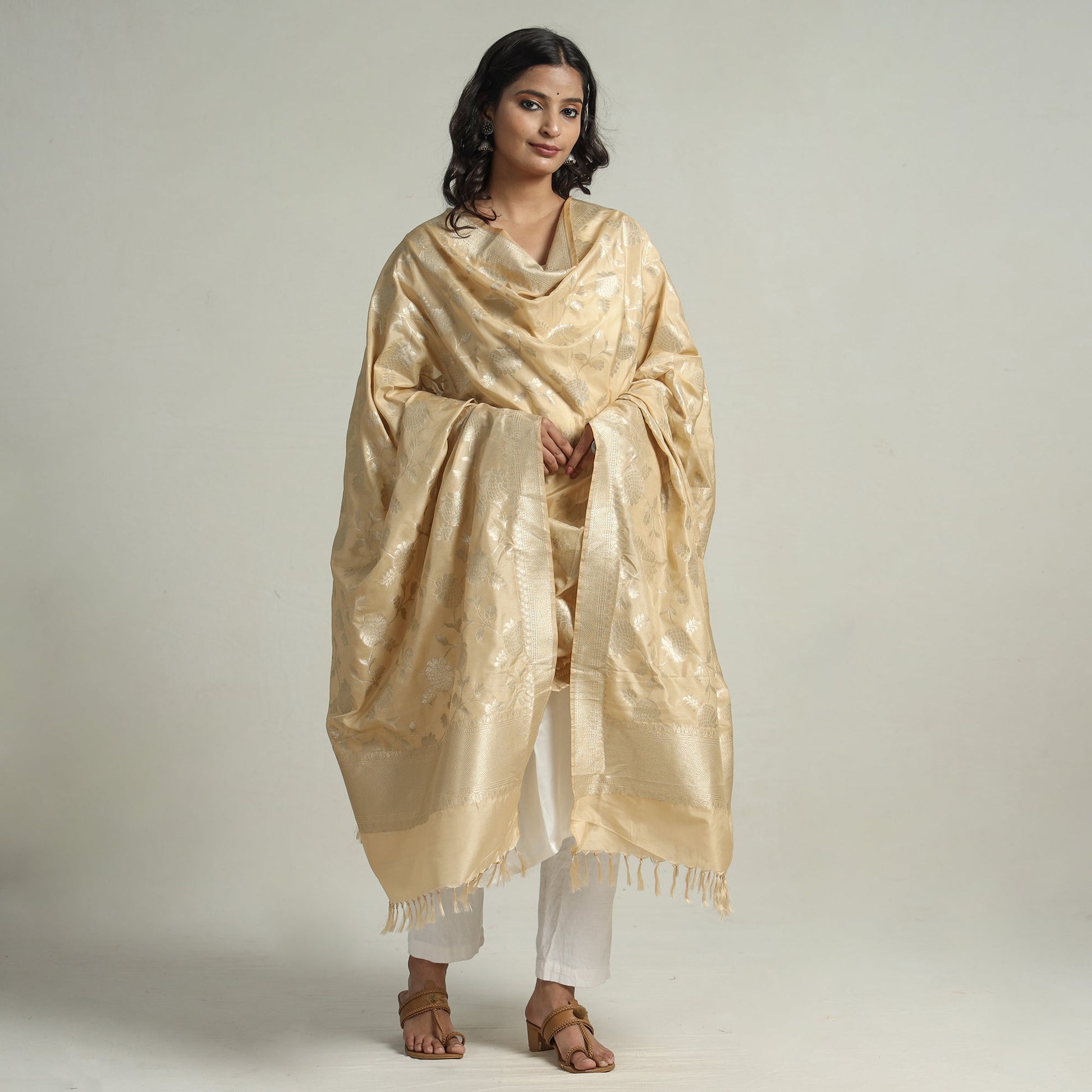 Beige - Banarasi Semi Silk Zari Jaal Dupatta with Tassels 77
