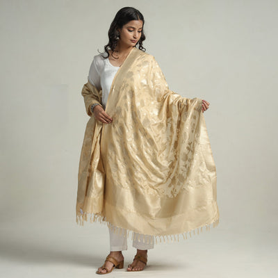 Beige - Banarasi Semi Silk Zari Jaal Dupatta with Tassels 77
