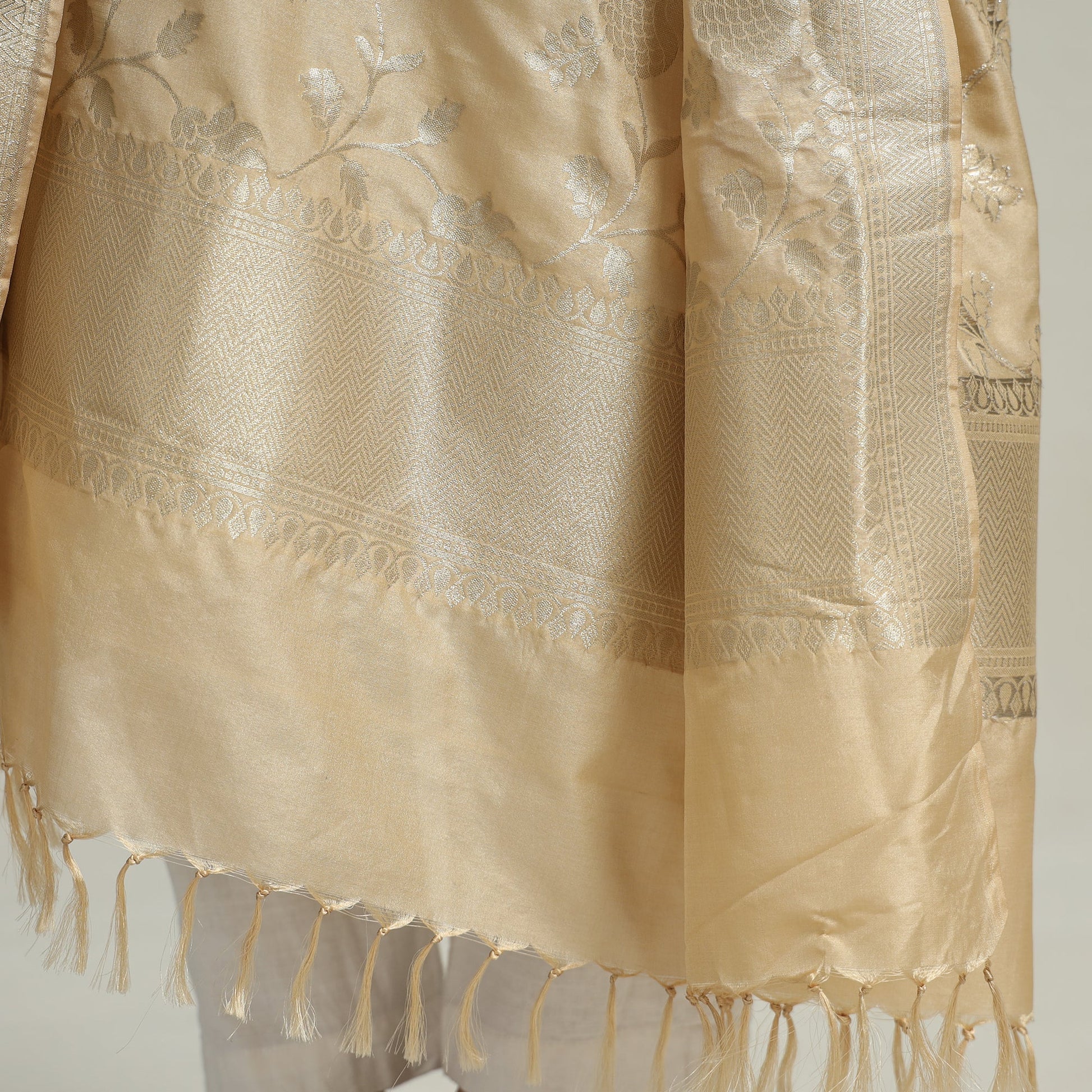 Beige - Banarasi Semi Silk Zari Jaal Dupatta with Tassels 77