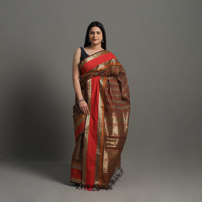 Brown - Handloom Cotton Zari Border Kanchipuram Saree 23