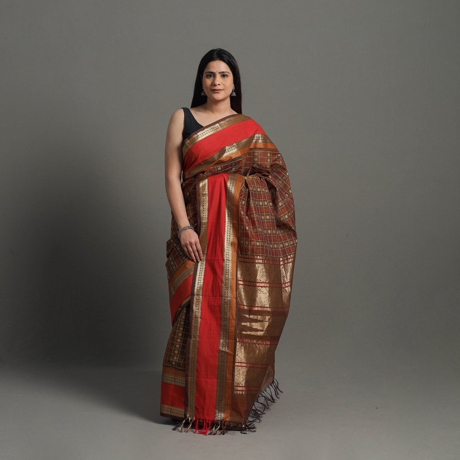 Brown - Handloom Cotton Zari Border Kanchipuram Saree 23
