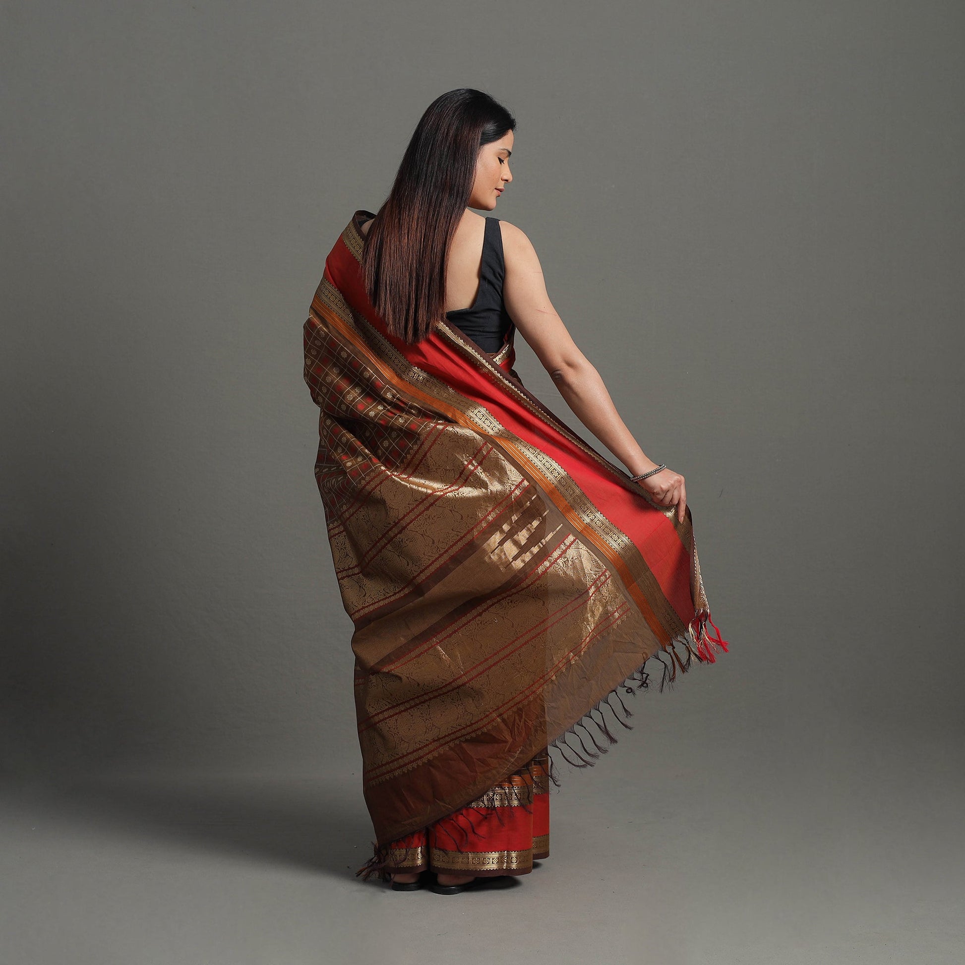 Brown - Handloom Cotton Zari Border Kanchipuram Saree 23