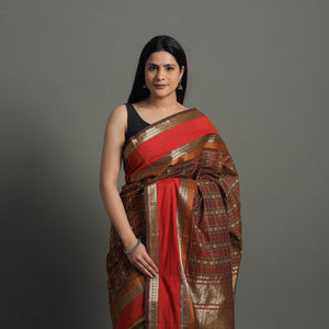 Brown - Handloom Cotton Zari Border Kanchipuram Saree 23
