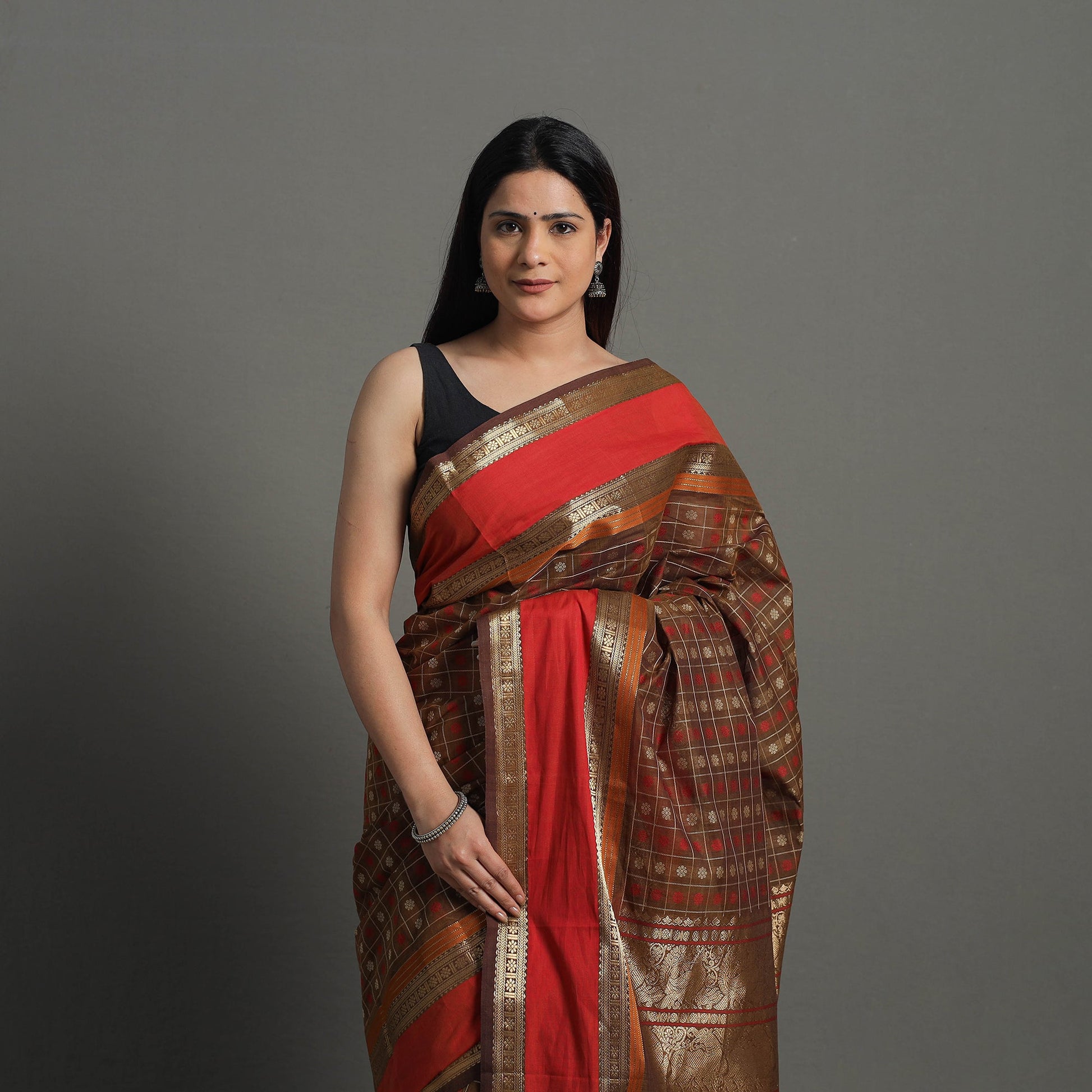 Brown - Handloom Cotton Zari Border Kanchipuram Saree 23
