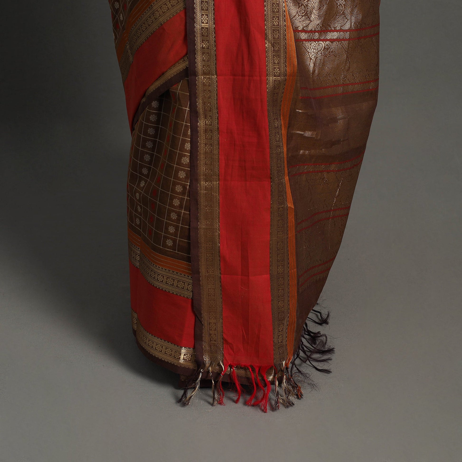 Brown - Handloom Cotton Zari Border Kanchipuram Saree 23