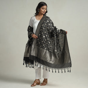 Black - Banarasi Semi Silk Zari Jaal Dupatta with Tassels 80