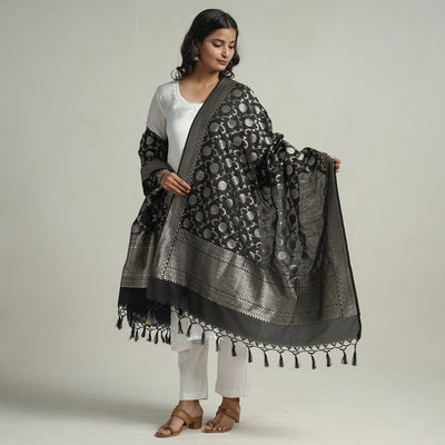 Black - Banarasi Semi Silk Zari Jaal Dupatta with Tassels 80