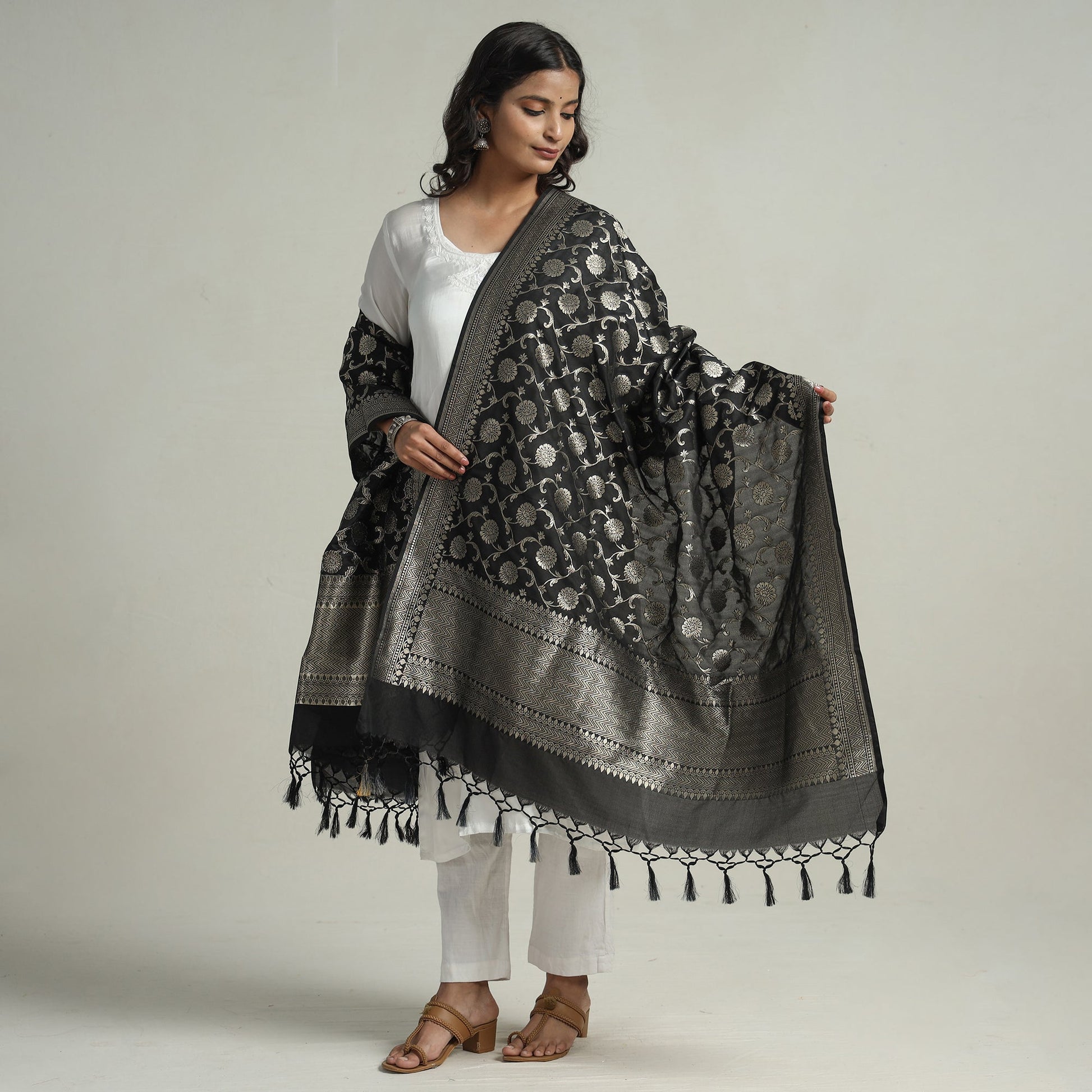 Black - Banarasi Semi Silk Zari Jaal Dupatta with Tassels 80