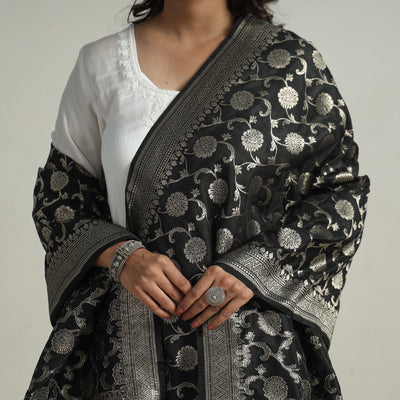 Black - Banarasi Semi Silk Zari Jaal Dupatta with Tassels 80