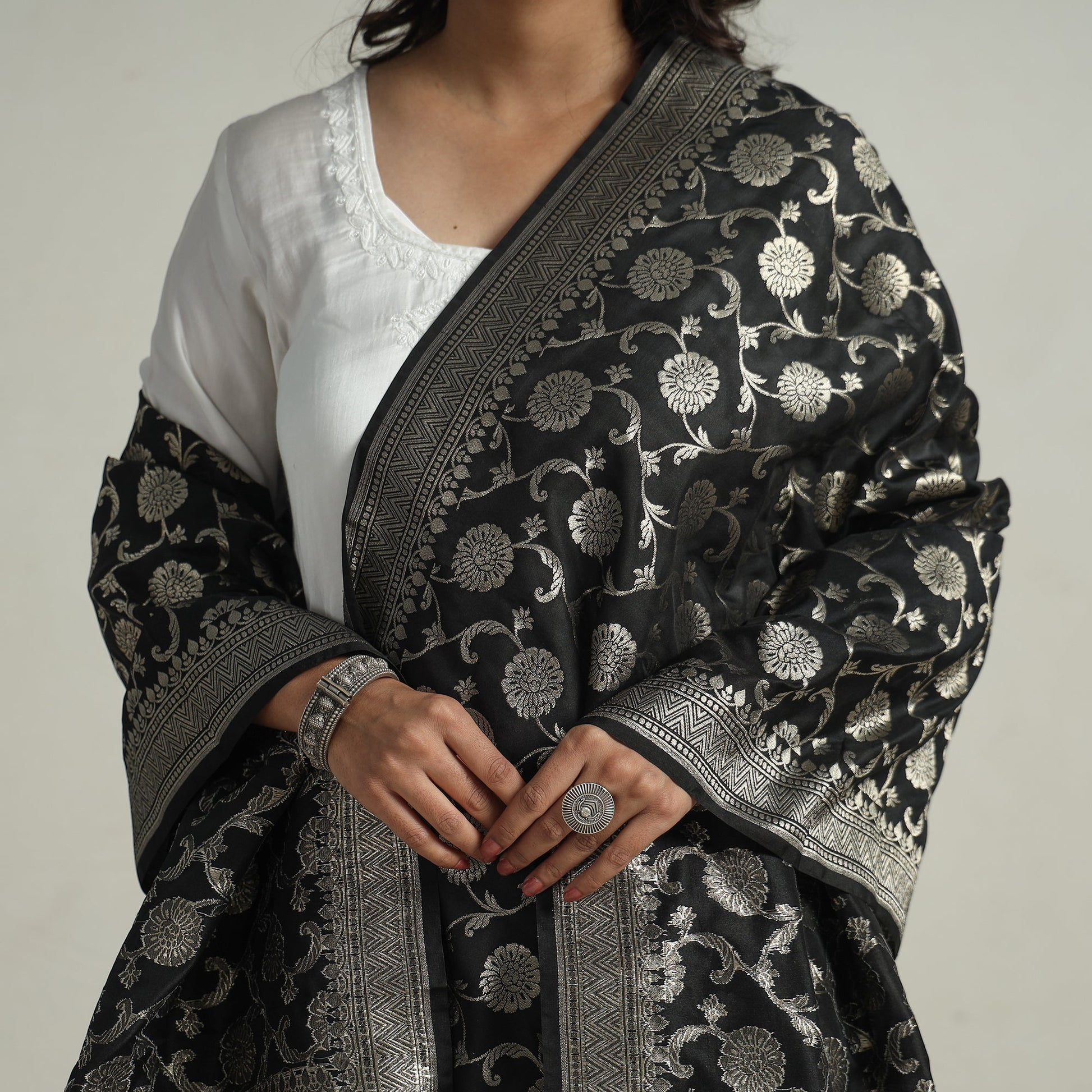 Black - Banarasi Semi Silk Zari Jaal Dupatta with Tassels 80