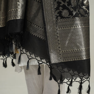 Black - Banarasi Semi Silk Zari Jaal Dupatta with Tassels 80