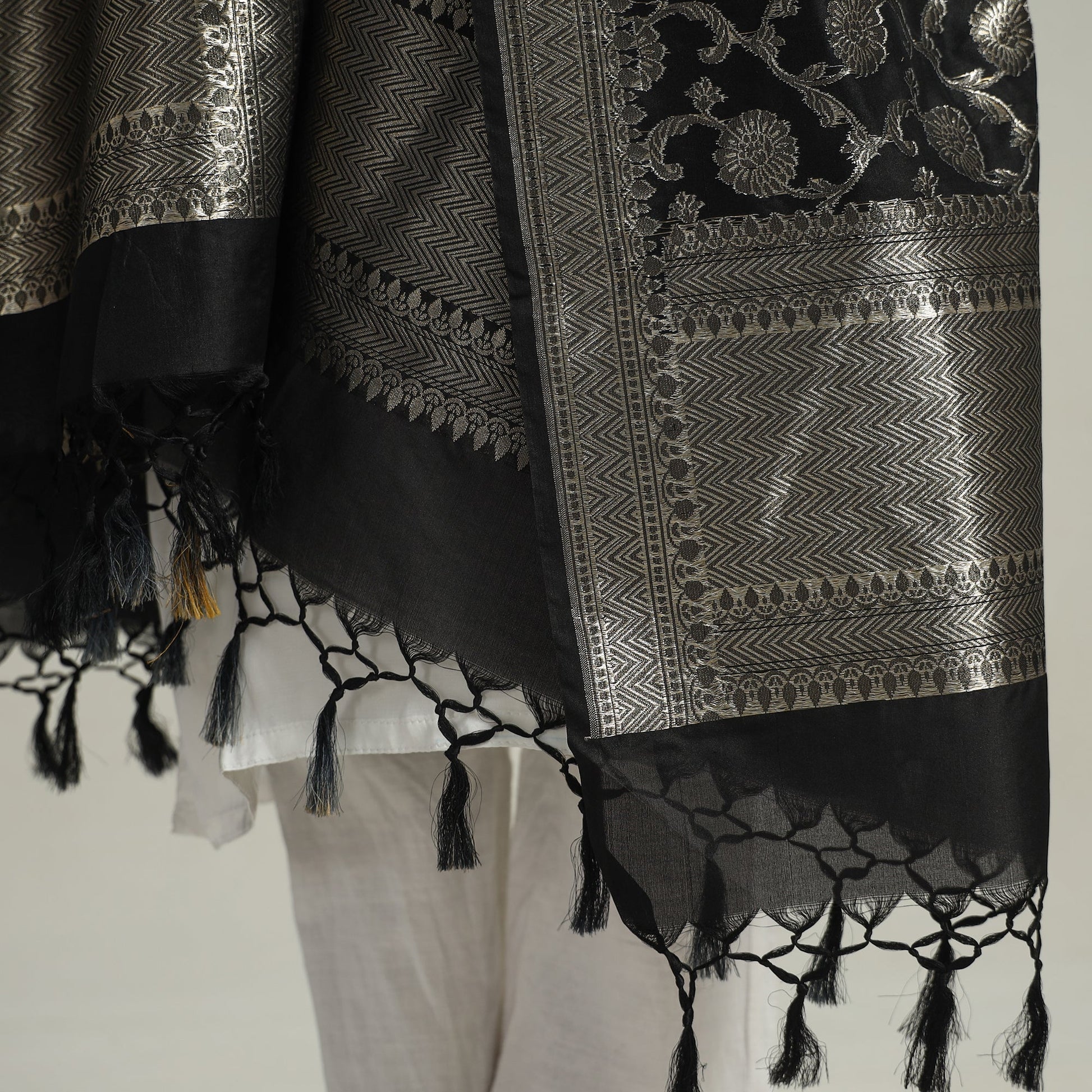 Black - Banarasi Semi Silk Zari Jaal Dupatta with Tassels 80