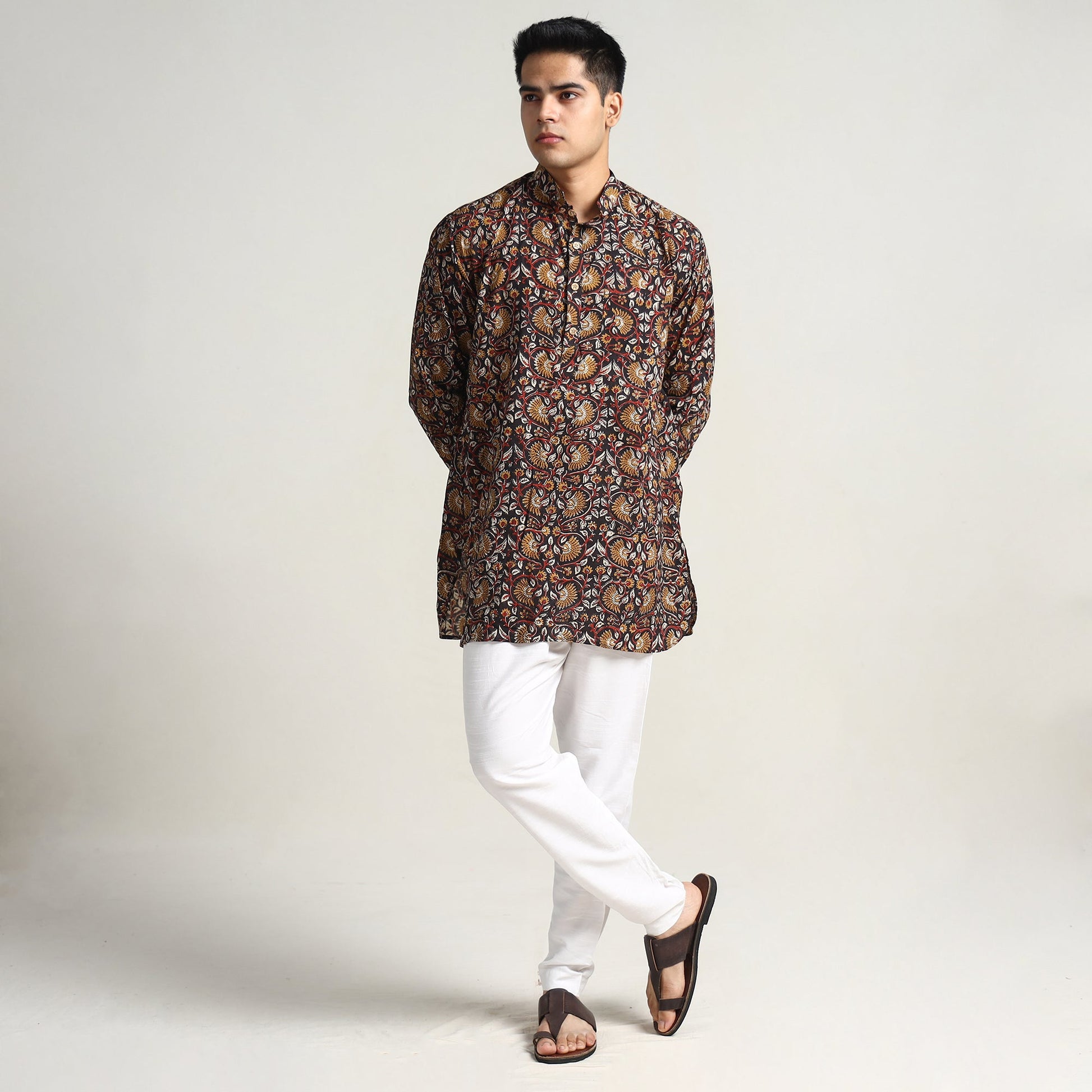Black - Bagru Block Printed Cotton Men Short Kurta 03