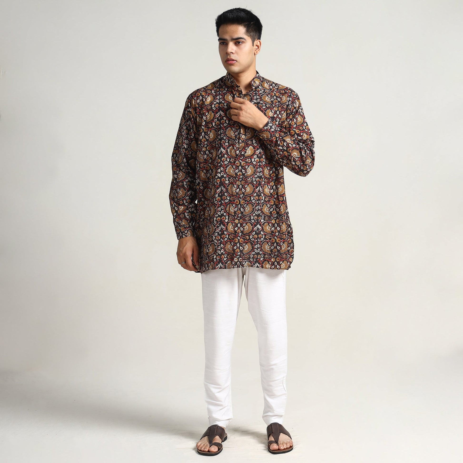 Black - Bagru Block Printed Cotton Men Short Kurta 03