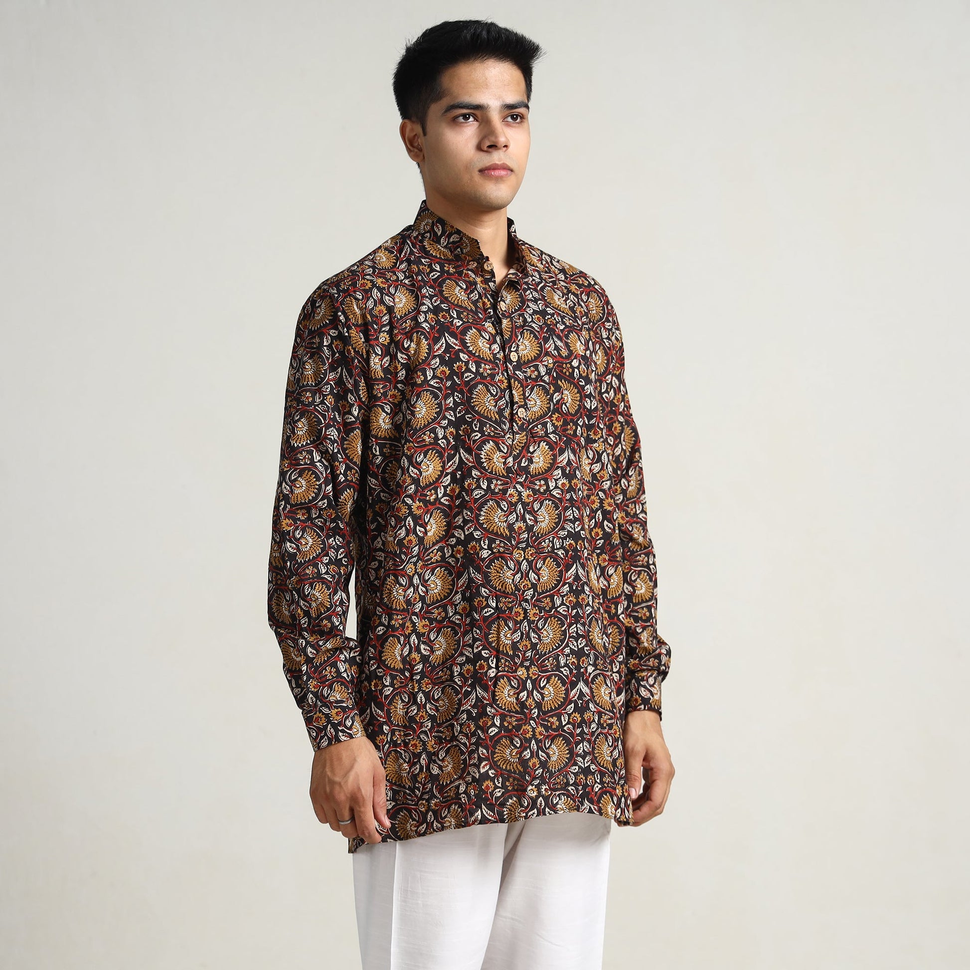 Black - Bagru Block Printed Cotton Men Short Kurta 03