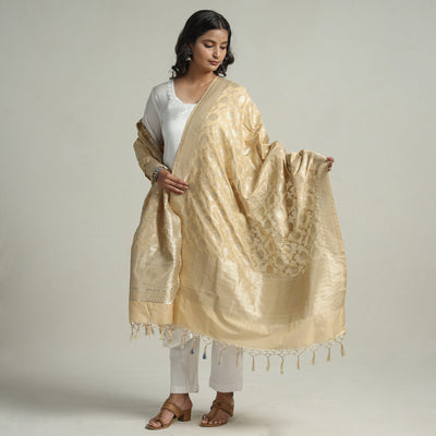 Beige - Banarasi Semi Silk Zari Jaal Dupatta with Tassels 81
