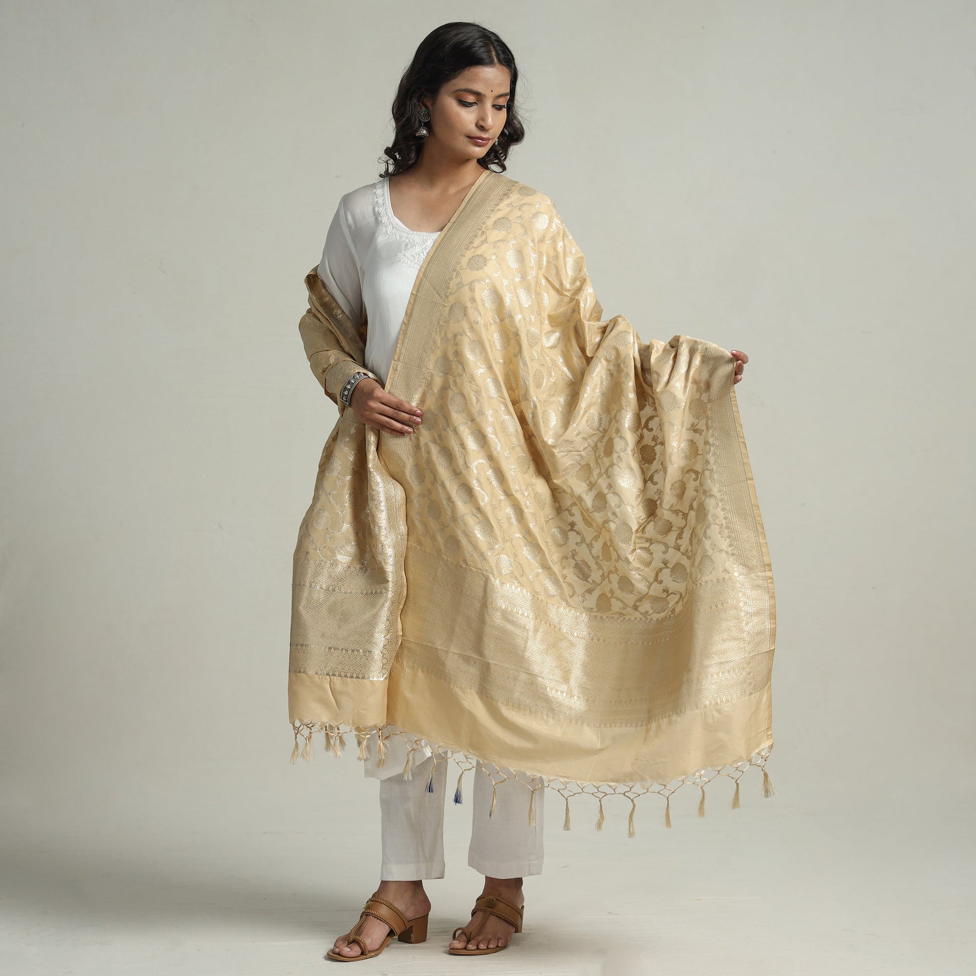 Beige - Banarasi Semi Silk Zari Jaal Dupatta with Tassels 81