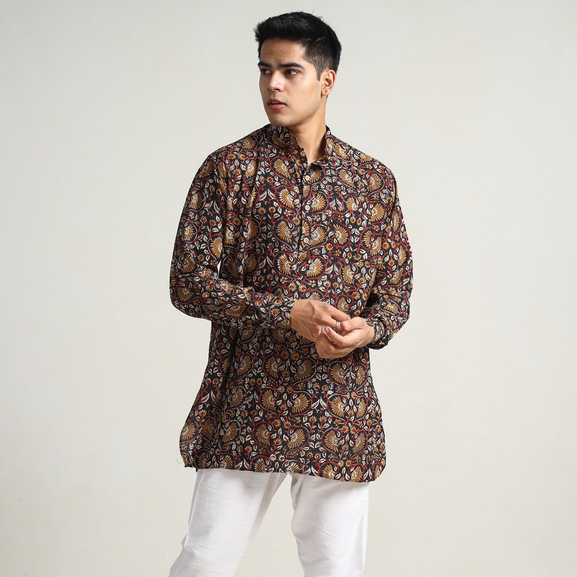 Black - Bagru Block Printed Cotton Men Short Kurta 03