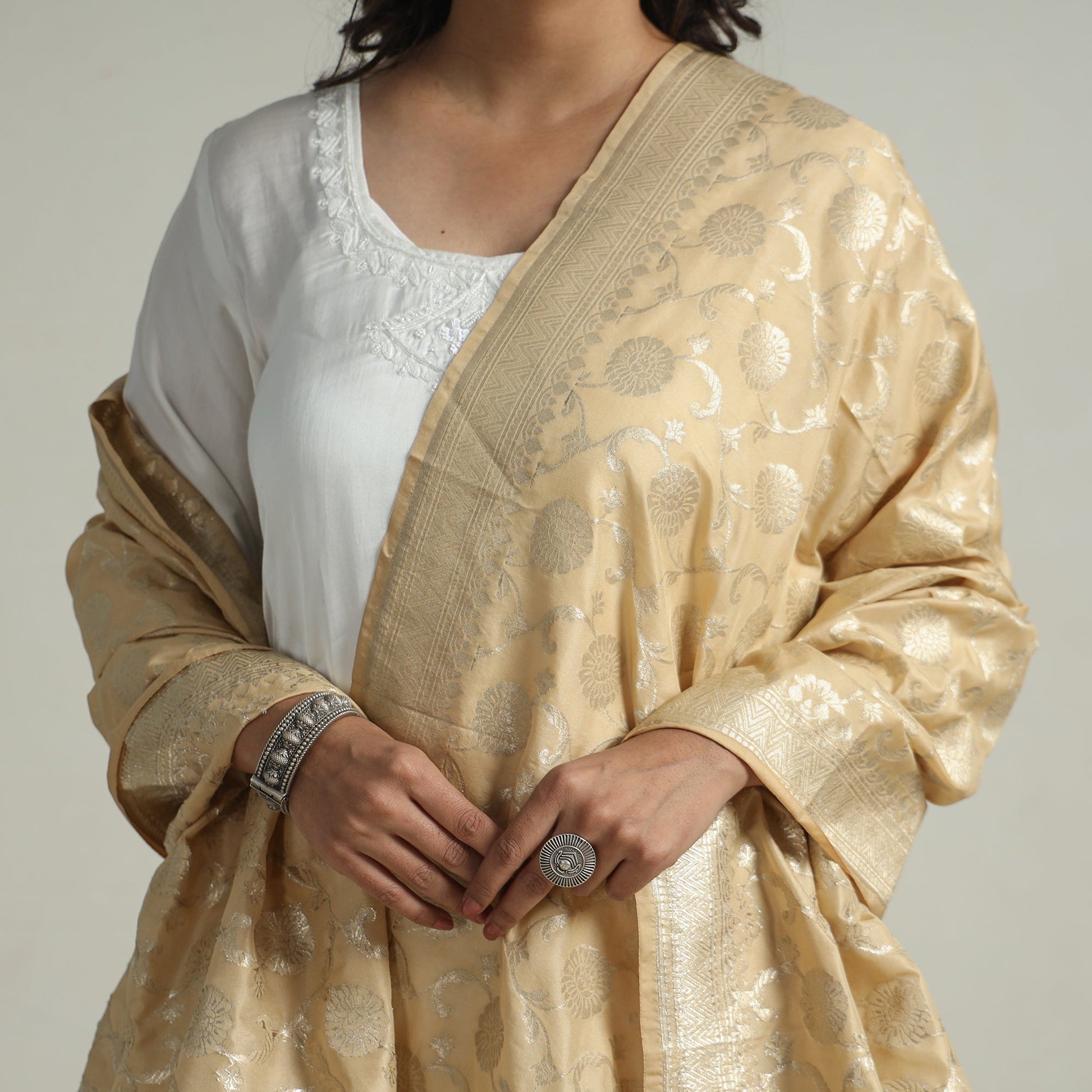Beige - Banarasi Semi Silk Zari Jaal Dupatta with Tassels 81